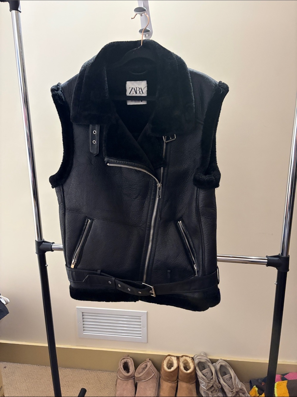 ZARA Black Faux-Shearling Moto Vest with Belt